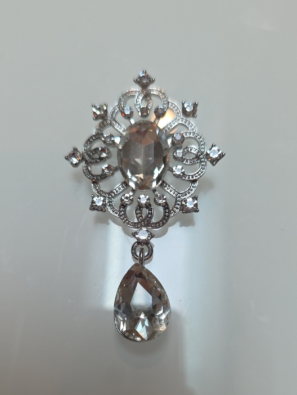 Silver-Tone Clear Crystal Drop Brooch - Elegant Women’s Jewelry